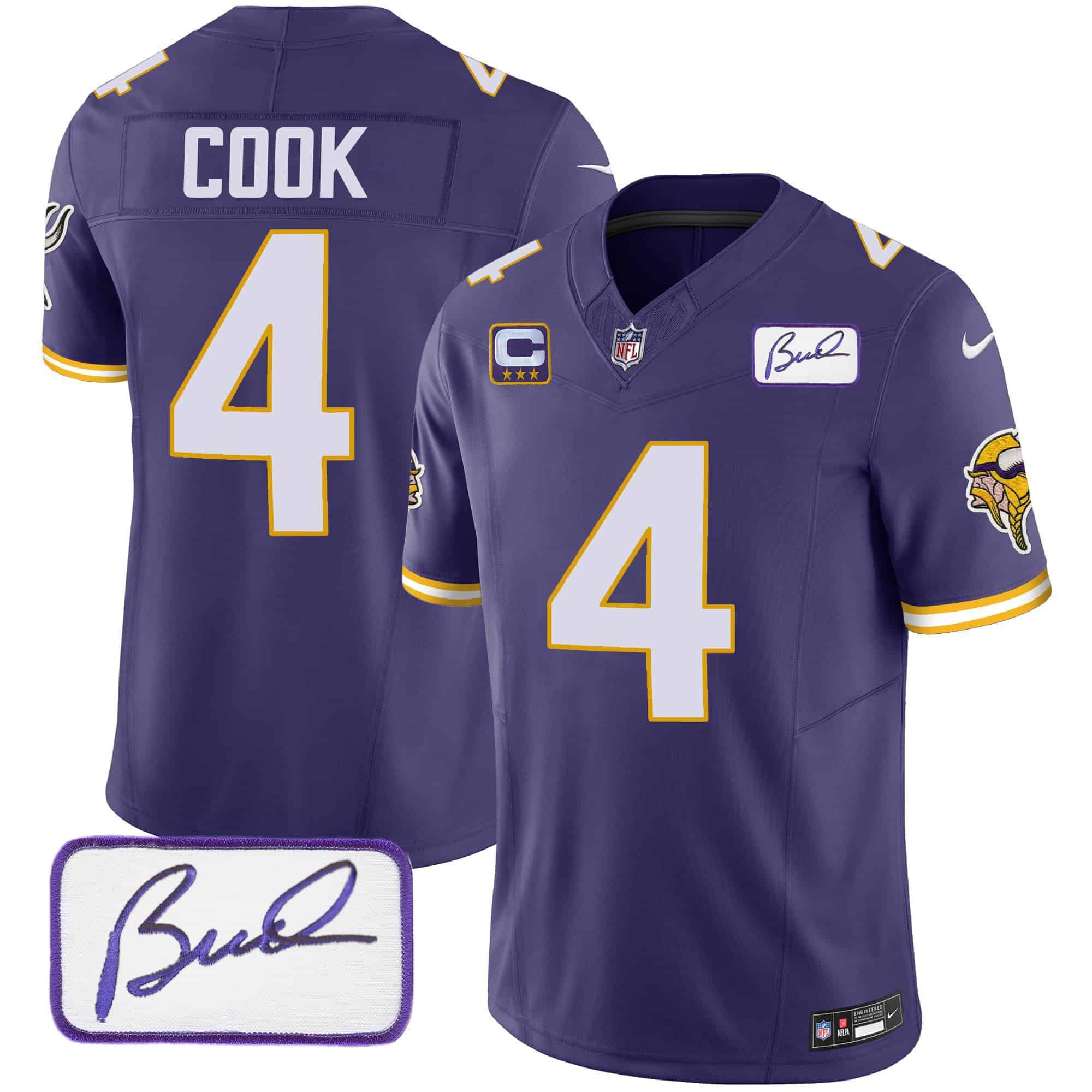 Men Minnesota Vikings #4 Cook Purple 2024 Nike Bud Grant Patch Classic Limited NFL Jersey style 3